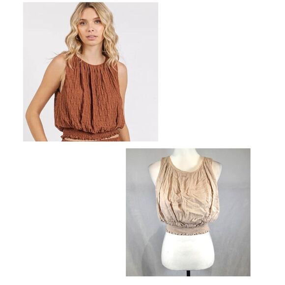 Mittoshop stretchy textured smocked crop top in linen size small - Picture 1 of 7
